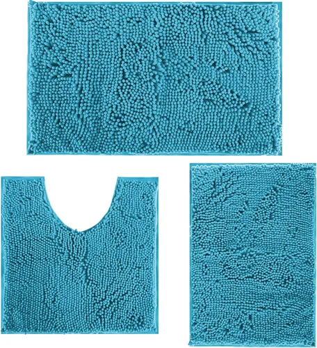 Miniatura 7 de Alfombra de baño azul, súper suave, antideslizante, lavable a máquina, se seca rápidamente, juego de baño ultrasuave de 3 piezas cian-azul