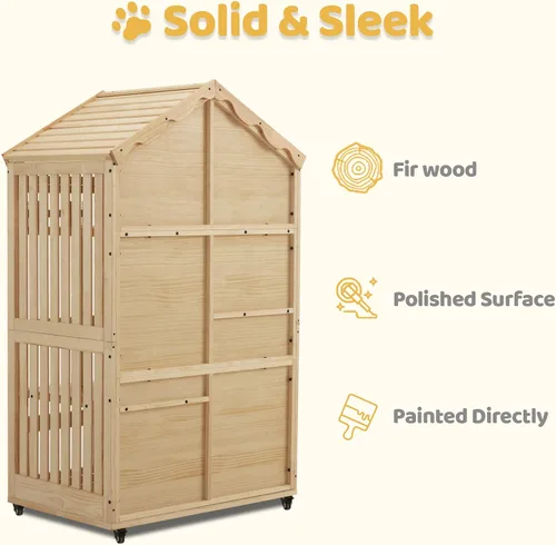 Miniatura 7 de MCombo Casa de madera para gatos de interior, condominio para gatos con entrada, jaula de gatito Catio con puertas y ruedas bloqueables, CT291