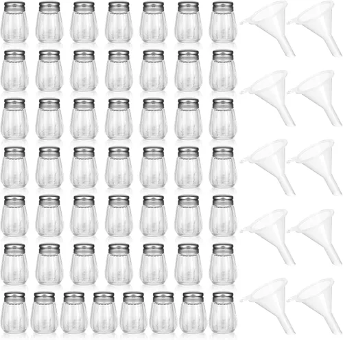 Miniatura 16 de Potchen 12 piezas saleros y pimenteros mini en forma de cubo a granel de 0.5 onzas pequeños de vidrio para especias con mini embudos de plástico