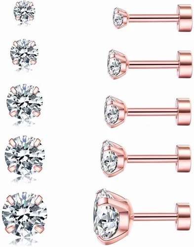 5 Pairs Stud Earrings Set, Hypoallergenic Cubic Zirconia 316L Earrings Stainless Steel CZ Earrings 3-8mm (Steel color)