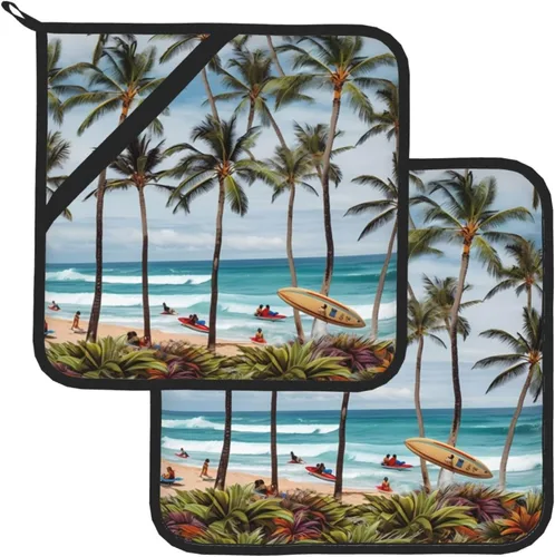 Miniatura 7 de Juego de 2 soportes para ollas resistentes al calor, para cocinar en el microondas, surfista hawaiano en soportes ondulados para ollas para horno