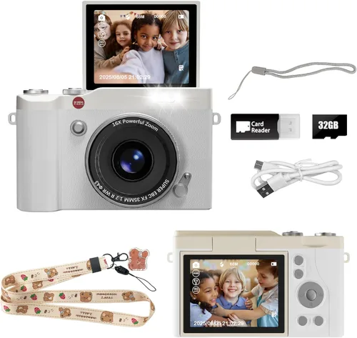 Cámara digital para niños, 64 MP, 1080P, 2.4 pulgadas, pantalla abatible, 32 GB, tarjeta SD para niños, niñas, juguetes, regalos para niñas de 3 a