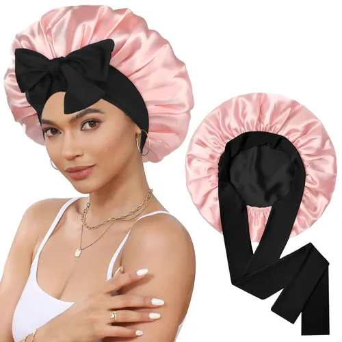 Miniatura 22 de Gorro de satén de seda para dormir, gorro de seda de doble capa con banda elástica para cabello rizado Negro+marrón