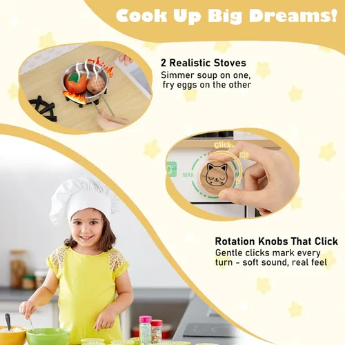 Miniatura 2 de Costzon Cocina de Juguete para Niños, Juguete de Cocina Montessori Little Chef con 2 Estufas, Perillas Giratorias, Grifo, Fregadero, Lavavajillas, 2