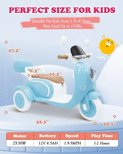 Miniatura 6 de Motocicleta eléctrica de 12 V para niños de 2 plazas con control remoto, moto eléctrica con caja de almacenamiento, música, luz LED, bocina, motor