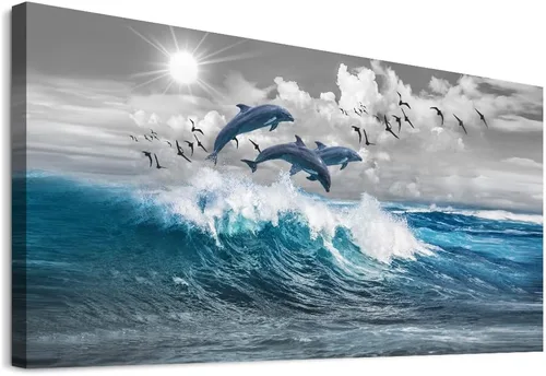 Miniatura 9 de Lapremoly Decoración de pared para sala de estar, arte de pared grande para dormitorio, olas azules del mar, ilustraciones de pared, oficina