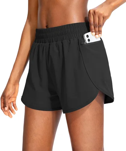 Soothfeel - Pantalones cortos para correr para mujer con bolsillos con cremallera, cintura alta, pantalones cortos de entrenamiento para gimnasio