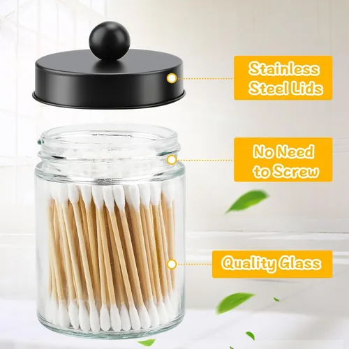 Miniatura 5 de Juego de 2 tarros de boticario de cristal con tapas para baño, lindo soporte para cotonetes, juego de accesorios de baño negros, pequeños