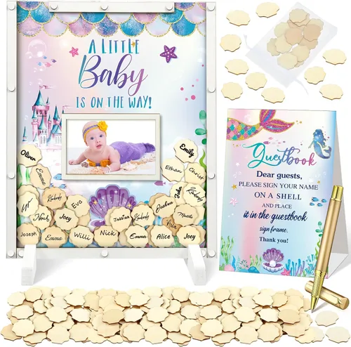 Miniatura 24 de Beeveer 65 piezas de libro de invitados para baby shower, libro de invitados azul para baby shower, libro de invitados con marco de fotos y 60 chips