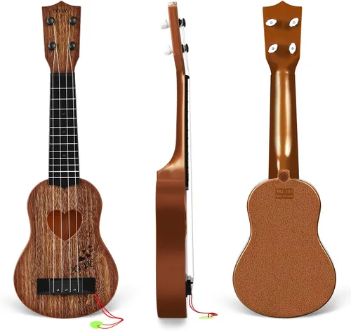 Miniatura 5 de YEZI - Ukelele clásico de juguete para niños, tipo guitarra, instrumento musical, marrón Castaño