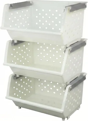 Bringer Paquete de 4 cestas de almacenamiento apilables de plástico, cesta organizadora apilable de cocina, color blanco