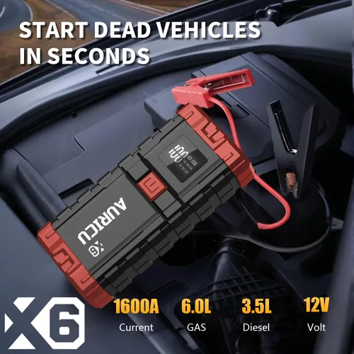 Miniatura 2 de X6 1600A Jump Starter Paquete de refuerzo de batería de litio de 12 V, caja de salto portátil, banco de energía y cables de puente para motores