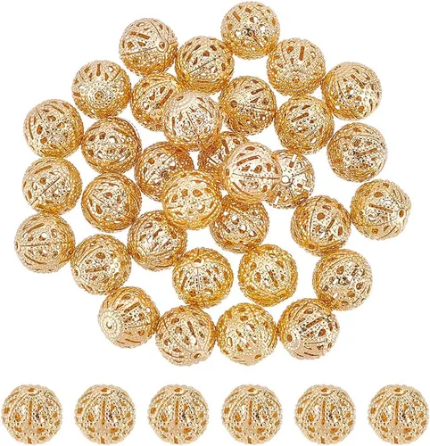 BENECREAT - 40 piezas de cuentas de filigrana redondas huecas bañadas en oro de 18 quilates, cuentas de filigrana huecas chapadas en oro, cuentas