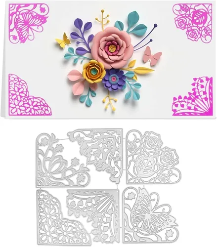 Miniatura 3 de 3 troqueles de corte de marco cuadrado de esqueleto, 9 piezas de troqueles de encaje de esquina de metal, flores, mariposas, plantilla en relieve