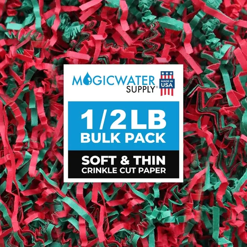 MagicWater Supply - 1/2 libra - Verde y rojo - Relleno de papel de corte arrugado suave y fino ideal para envolver regalos, relleno de cestas,