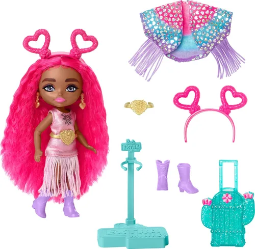 Miniatura 7 de Muñeca de viaje Barbie Extra Fly Minis, look de playa con coletas rosa con rayas en traje de baño, pareo y accesorios