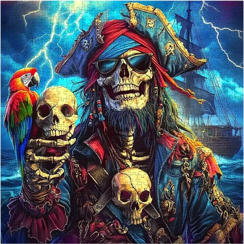 Miniatura 2 de Rompecabezas de esqueleto pirata para adultos, 1000 piezas, capitán pirata de terror con cráneo loro, escena de tormenta oceánica, rompecabezas