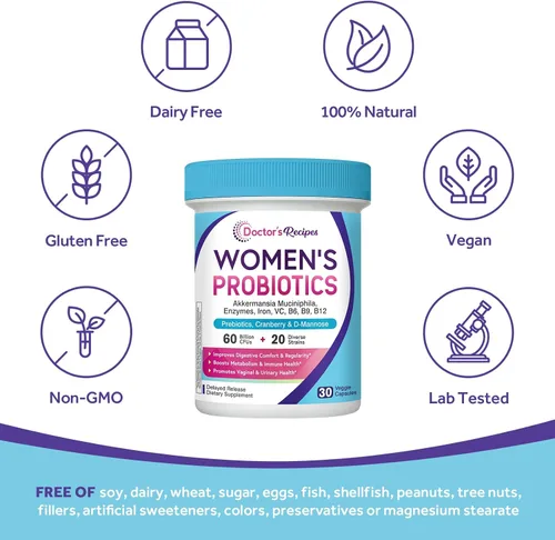 Miniatura 5 de Doctor's Recipes Probióticos para mujeres, Akkermansia Muciniphila, prebióticos, arándano, D-manosa, hierro, folato, VC, B6, B12, 60 mil millones