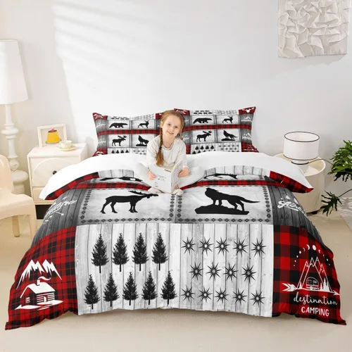 Miniatura 24 de Juego de funda de edredón para niños de ciervo, oso, lobo, tamaño individual, juego de ropa de cama de cabaña de aventura para niños, niñas