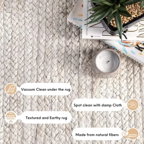 Miniatura 3 de Alfombra 100% yute de 5 x 8 pies, diseño trenzado a mano, alfombra de fibras naturales color blanquecino, decoración del hogar para sala de estar