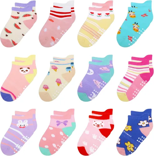 Miniatura 13 de 12 paquetes de calcetines antideslizantes para niños y bebés con agarres, 1-7 años, calcetines de algodón para tobillo para niños y niñas