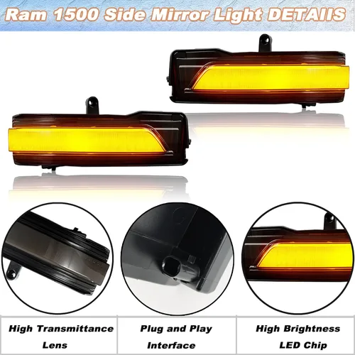 Miniatura 4 de Espejo lateral dinámico secuencial LED luces de marcador compatibles con Dodge Ram 1500 camioneta Big Horn Rebel Laramie Longhorn Limited TRX