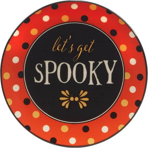 Miniatura 5 de Spooky - Platos de canapé de Halloween, juego de 4 platos de cerámica de 6 pulgadas con frases festivas: BOO, Let's Get Spooky, Beware & Come In for