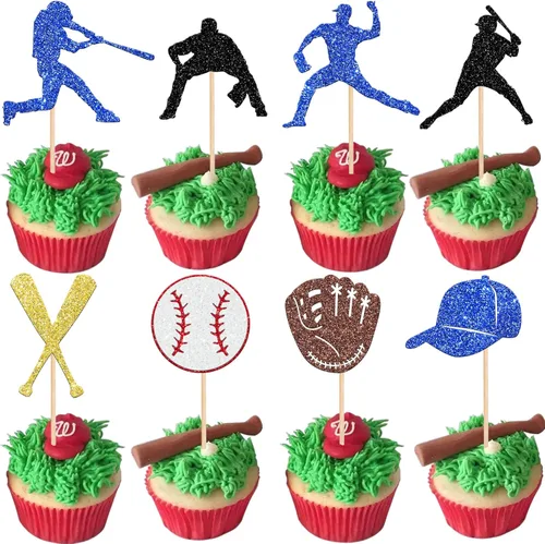 24 piezas de decoración de cupcakes de béisbol con purpurina para jugadores de béisbol temáticos deportivos para temática de béisbol, baby shower,