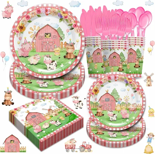 Juego de 168 platos para fiesta de cumpleaños de granja, decoraciones de fiesta de animales de granja para niñas, incluye platos de vaca, vasos,
