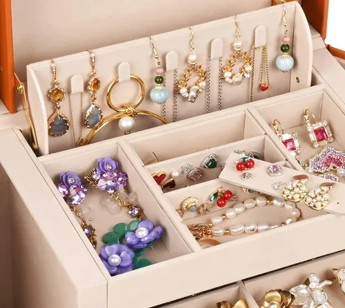 Miniatura 5 de Joyero organizador grande de piel sintética con cajones de espejo con cerradura de regalo para mujer (TF Azul-L)