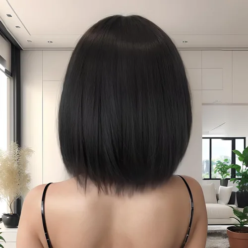 Miniatura 6 de Pelucas de pelo corto negro natural para mujeres con flequillo, 12 pulgadas, lacio, sintético, cosplay, fiesta de Halloween, peluca para niñas, uso