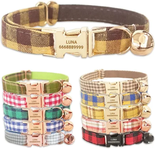 Miniatura 12 de PETDURO Collares de gato a cuadros hechos a mano personalizados con campana y hebilla de metal grabada con nombre personalizado para gatos lindos