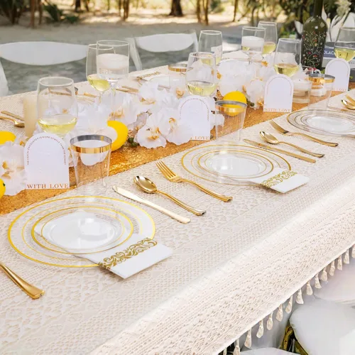 Miniatura 7 de Juego de vajilla dorada de 700 piezas, juego de vajilla desechable transparente para 100 invitados para fiestas, bodas, incluye: 200 platos Dorado