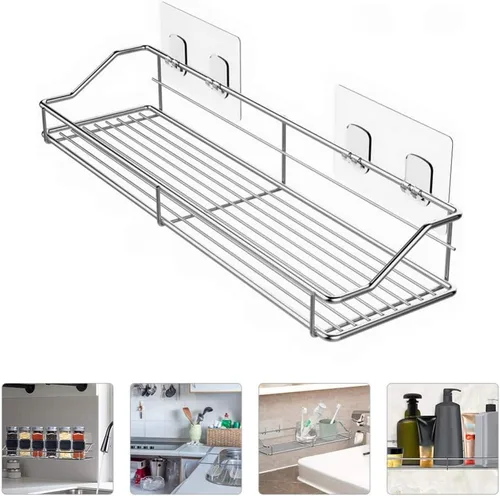 Miniatura 6 de Hemoton Estante de baño de acero inoxidable para ducha, organizador de cesta de almacenamiento montado en la pared, soporte para cocina, inodoro