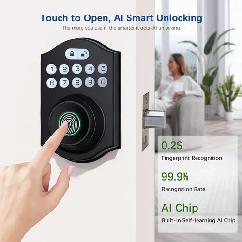 Miniatura 3 de Cerradura inteligente de puerta de huellas dactilares, cerrojo de entrada sin llave con teclado electrónico, control de aplicación Bluetooth, Negro