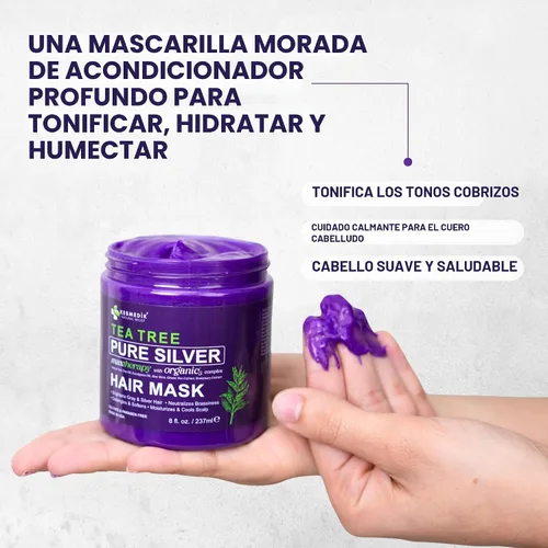 Miniatura 4 de KESMEDIK Máscara para el cabello morado de árbol de té, fórmula plateada pura para tonos amarillos cobrizos, acondicionador profundo con árbol de té