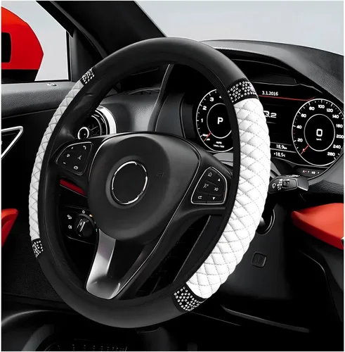 Miniatura 14 de Funda para volante de coche brillante, protector de volante de 15 pulgadas con diamantes de imitación de cuero suave, fundas de volante auto
