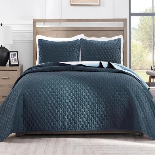 Exclusivo Mezcla - Juego de edredón reversible con fundas de almohada, ligero, suave, para todas las estaciones, 90 x 96 pulgadas, tamaño Azul