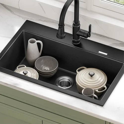 Miniatura 11 de KRAUS Quarza - Fregadero de cocina de granito de instalación empotrada/sobre encimera de un solo seno de 31 pulgadas en ónix negro, KGD-412B