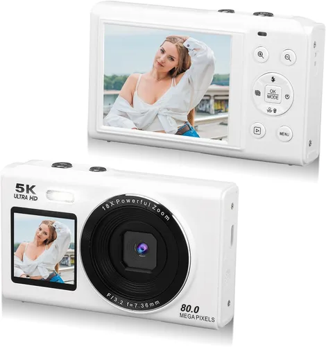 Cámara digital, cámara de pantalla dual de 5k 80MP, 2.8 pulgadas y 1.5 pulgadas, cámaras digitales portátiles de punto y disparo con zoom de 18X,