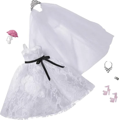 Barbie Paquete de moda y accesorios, muñeca de traje de novia con vestido de novia, velo, zapatos, collar, pulsera y ramo