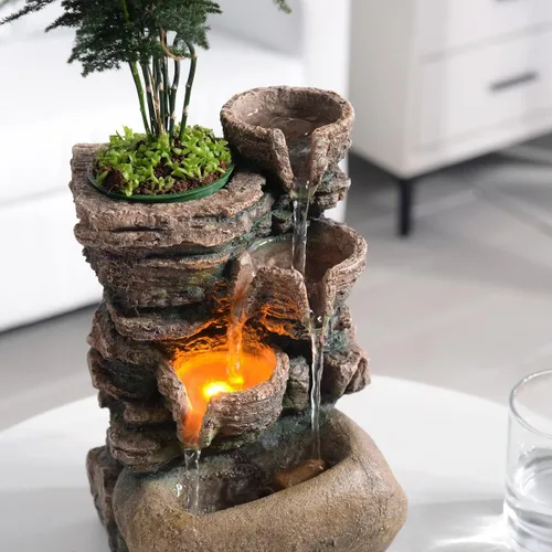 Miniatura 6 de Haobos Fuente interior de 4 tazones Rockery con sonido calmante para decoración de hogar y oficina con una pequeña maceta de plástico para cultivar