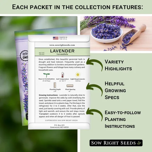 Miniatura 2 de Sow Right Seeds - Colección de semillas de flores comestibles para plantar - Paquetes individuales de capuchina, pensamiento, lavanda, manzanilla