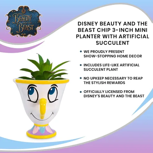 Miniatura 6 de Silver Buffalo Disney Beauty and The Beast Chip - Mini maceta de cerámica de 3 pulgadas con suculentas artificiales, maceta pequeña, plantas