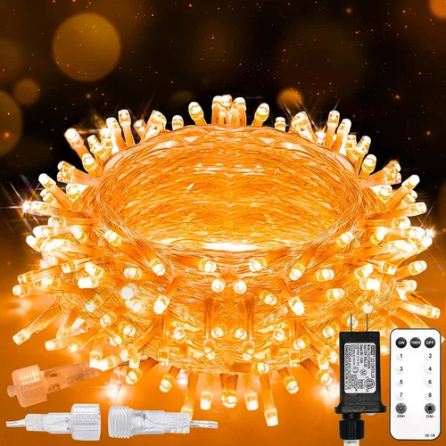 suddus - Guirnalda 100 luces led conectable, control remoto, enchufe, impermeable, regulable, cable transparente, exterior, otoño, Halloween, Acción