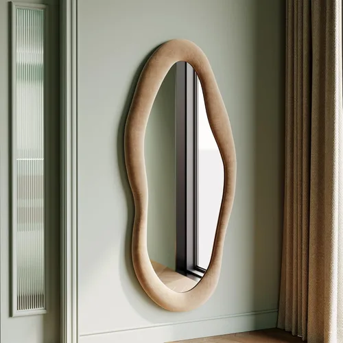 Miniatura 12 de Honyee - Espejo de cuerpo completo de 63 x 24 pulgadas, espejo de pared, marco de madera envuelto en franela, espejo de cuerpo completo ondulado Gris