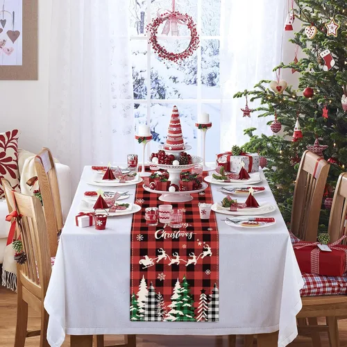 Miniatura 4 de Bonhause - Camino de mesa a cuadros de árboles de Navidad de búfalo, camino de mesa de reno de cuadros de búfalo rojo y negro para decoración