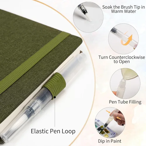 Miniatura 6 de Yopih Cuaderno de bocetos de acuarela de lino premium para artistas, 5.5" x 5.5" Cuaderno de acuarela con papel de algodón prensado en frío de Verde