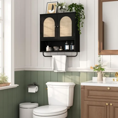 Miniatura 3 de RUSTOWN Gabinete de pared de ratán para baño, gabinete de medicina Boho con 2 puertas arqueadas, gabinetes de almacenamiento sobre el inodoro