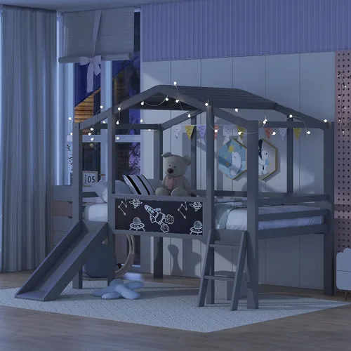 Miniatura 4 de CITYLIGHT Cama loft de madera para niños con tobogán, pizarra, tira de luz y techo, marco de cama de tamaño individual con barandillas de seguridad